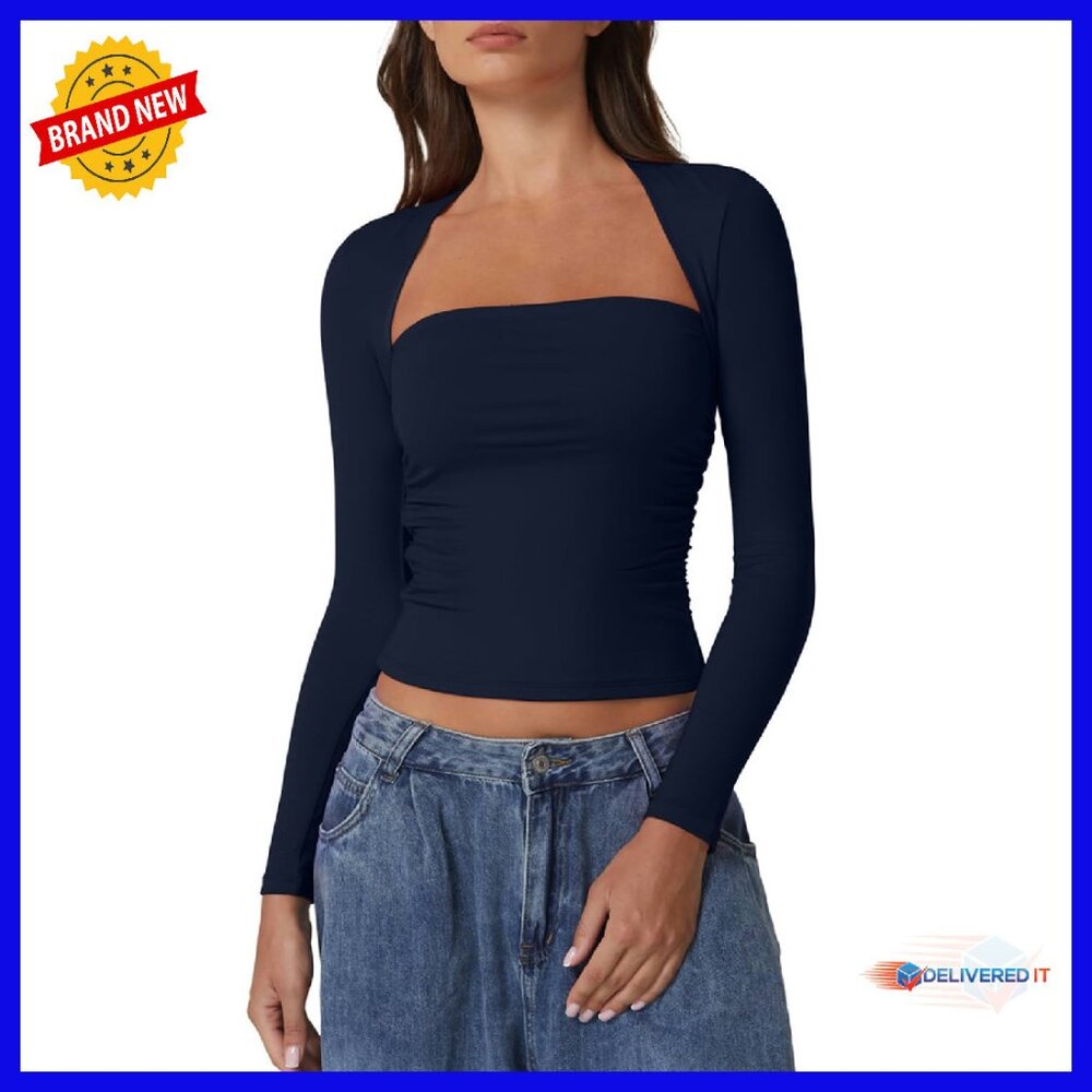 Long Sleeve Square Neck Crop Top Bodycon Fit Double Lined Side Ruching